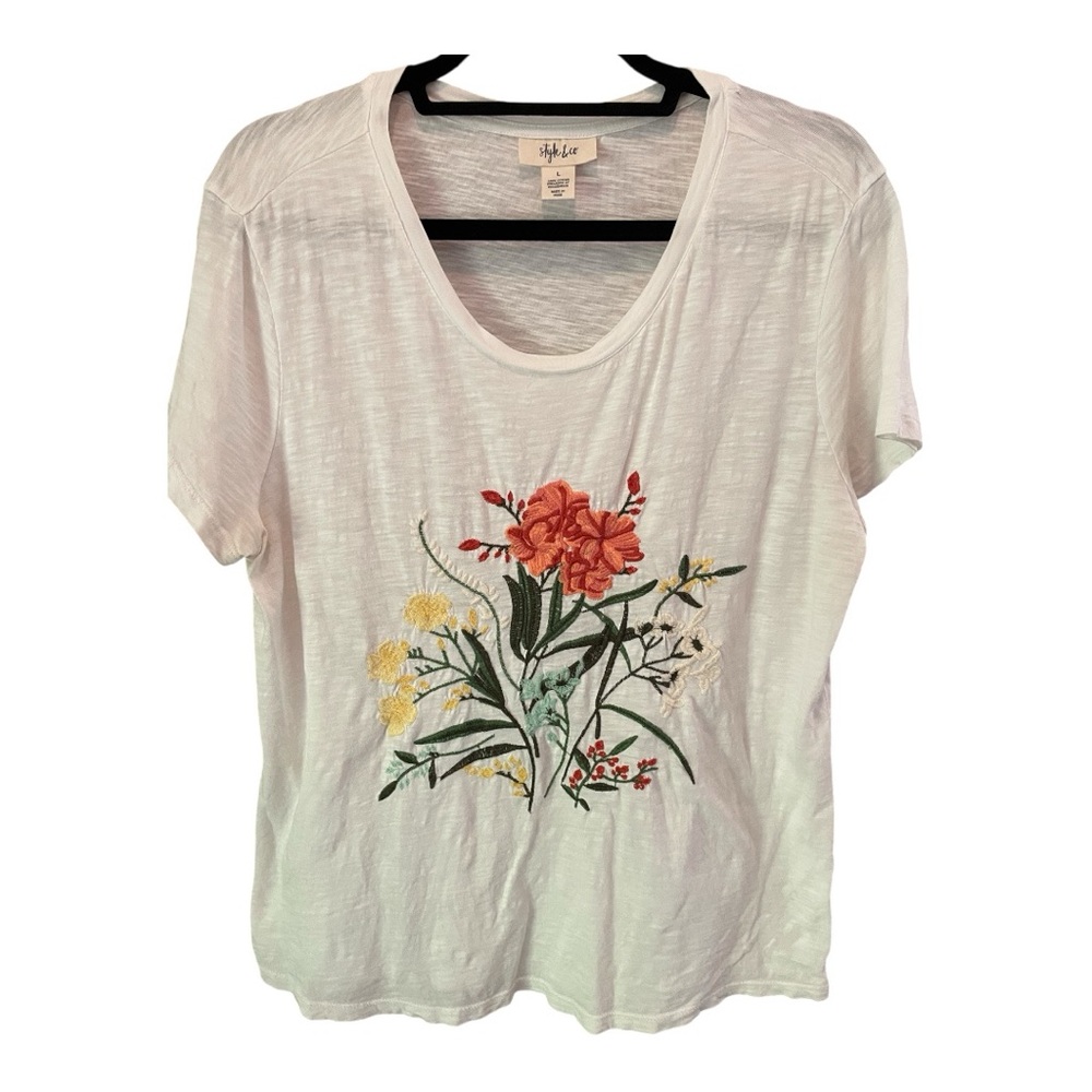 Style & Co Embroidered Colorful Wildflower Floral SS T-Shirt Sz L Cotton White